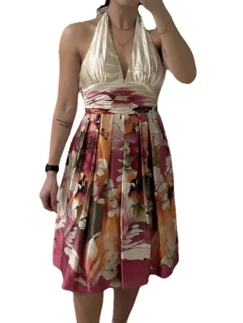 Adrianna Papell SILK Cream Halter Vintage Dress w/ Pink & Orange Floral Skirt 10